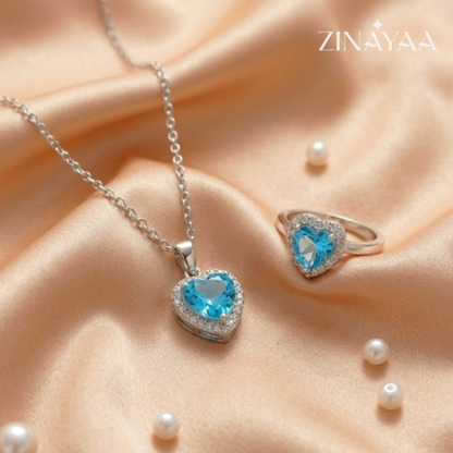 925 Sterling Silver Blue Heart Halo Jewellery Set – Pendant Necklace & Adjustable Ring