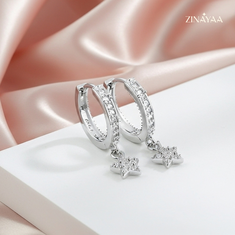 925 Sterling Silver Star Drop Hoop Earrings