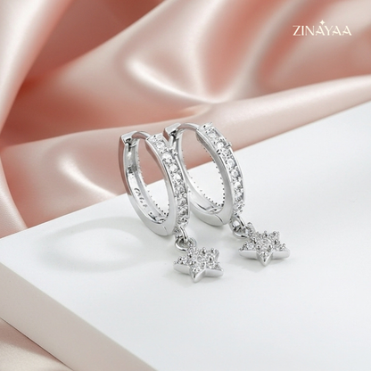 925 Sterling Silver Star Drop Hoop Earrings