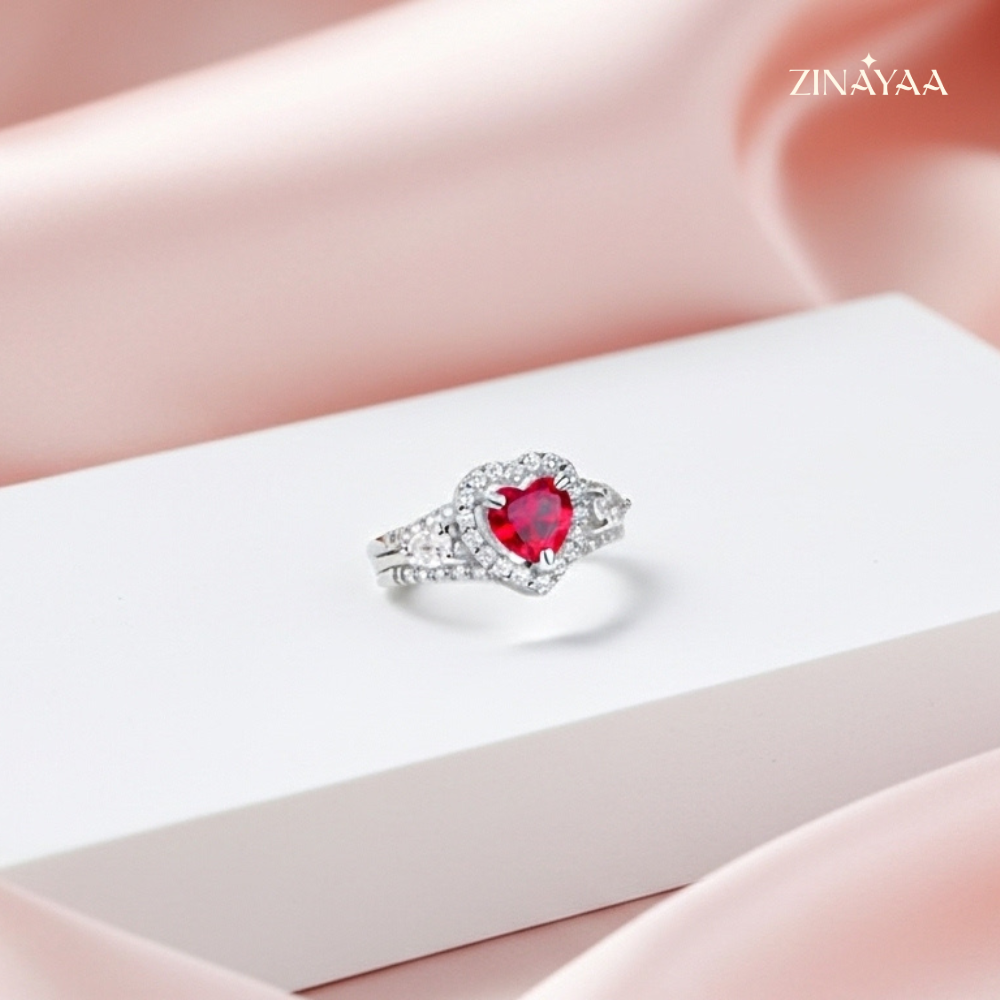 925 Sterling Silver Red Heart Halo Adjustable Ring
