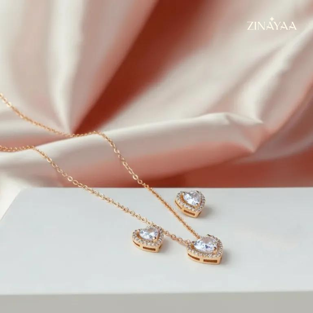 925 Sterling Silver Golden Heart Spark Necklace Set