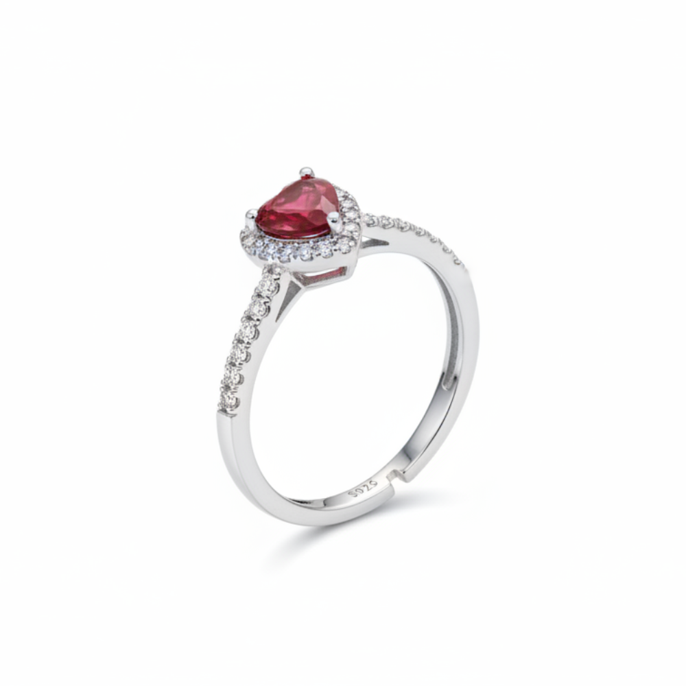 925 Sterling Silver Ruby heart Adjustable Ring for Women