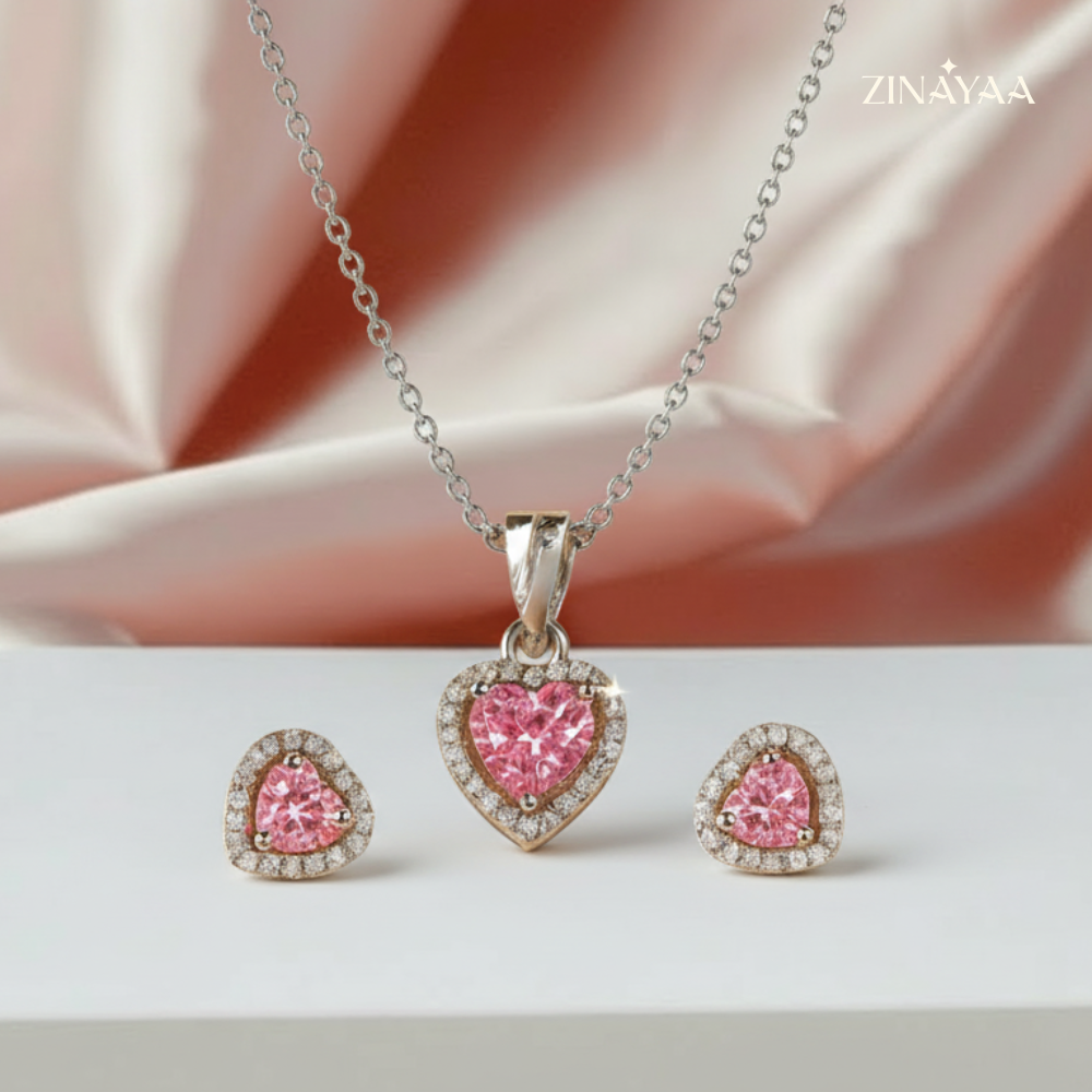 925 Sterling Silver Pink Heart Pendant Necklace & Earrings Set