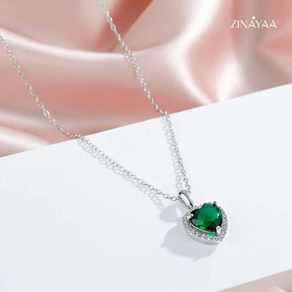 925 Sterling Silver Emerald Heart Halo Adjustable Pendant Necklace