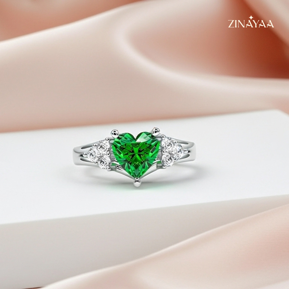 925 Sterling Silver Emerald Heart Halo Adjustable Ring