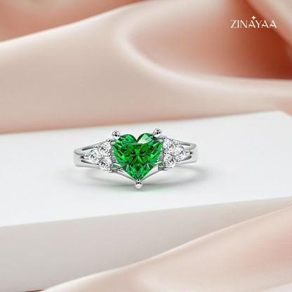 925 Sterling Silver Emerald Heart Halo Adjustable Ring