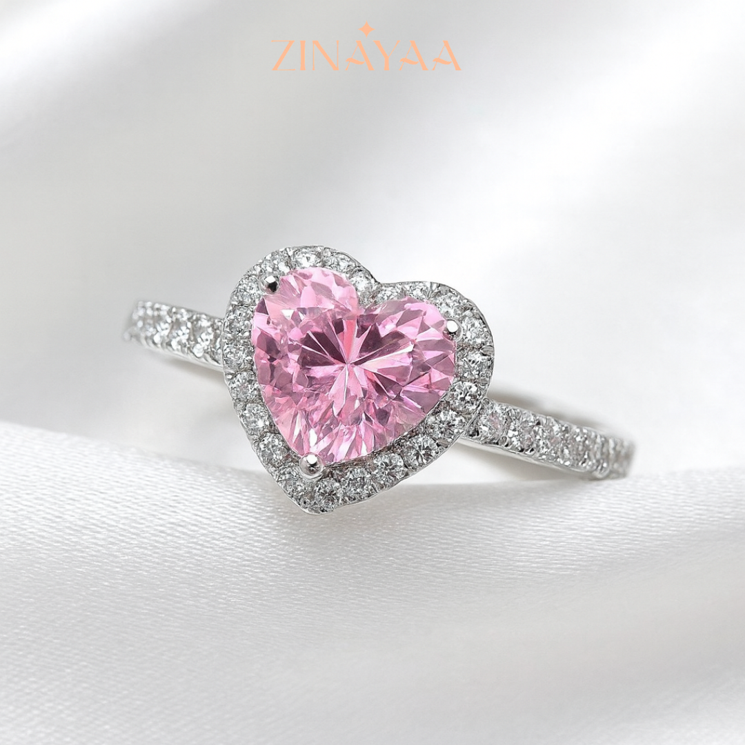 92.5 Sterling Silver Adjustable Pink Heart Halo Ring