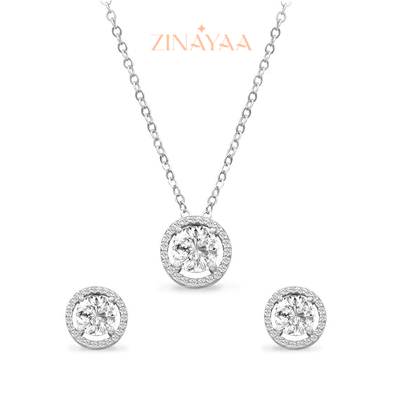 92.5 Sterling Silver Elegant Halo Round Pendant Set