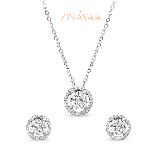 92.5 Sterling Silver Elegant Halo Round Pendant Set