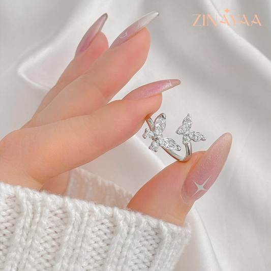 92.5 Sterling Silver Double Butterfly Adjustable Ring