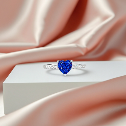 92.5 Sterling Silver Adjustable Heart-Cut Blue Stone Ring