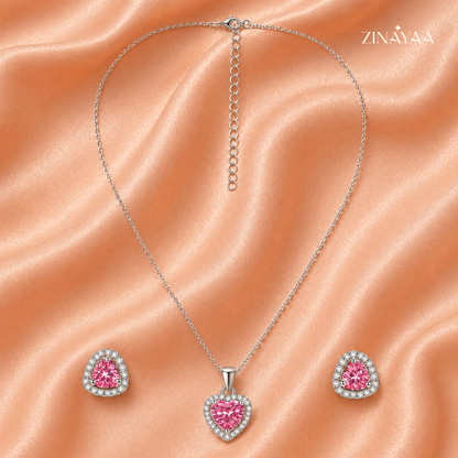 925 Sterling Silver Pink Heart Pendant Necklace & Earrings Set