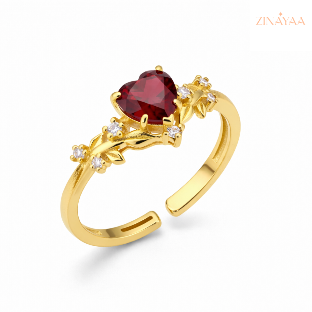 92.5 Sterling Silver Gold Heart-Cut Red Stone Ring For Women