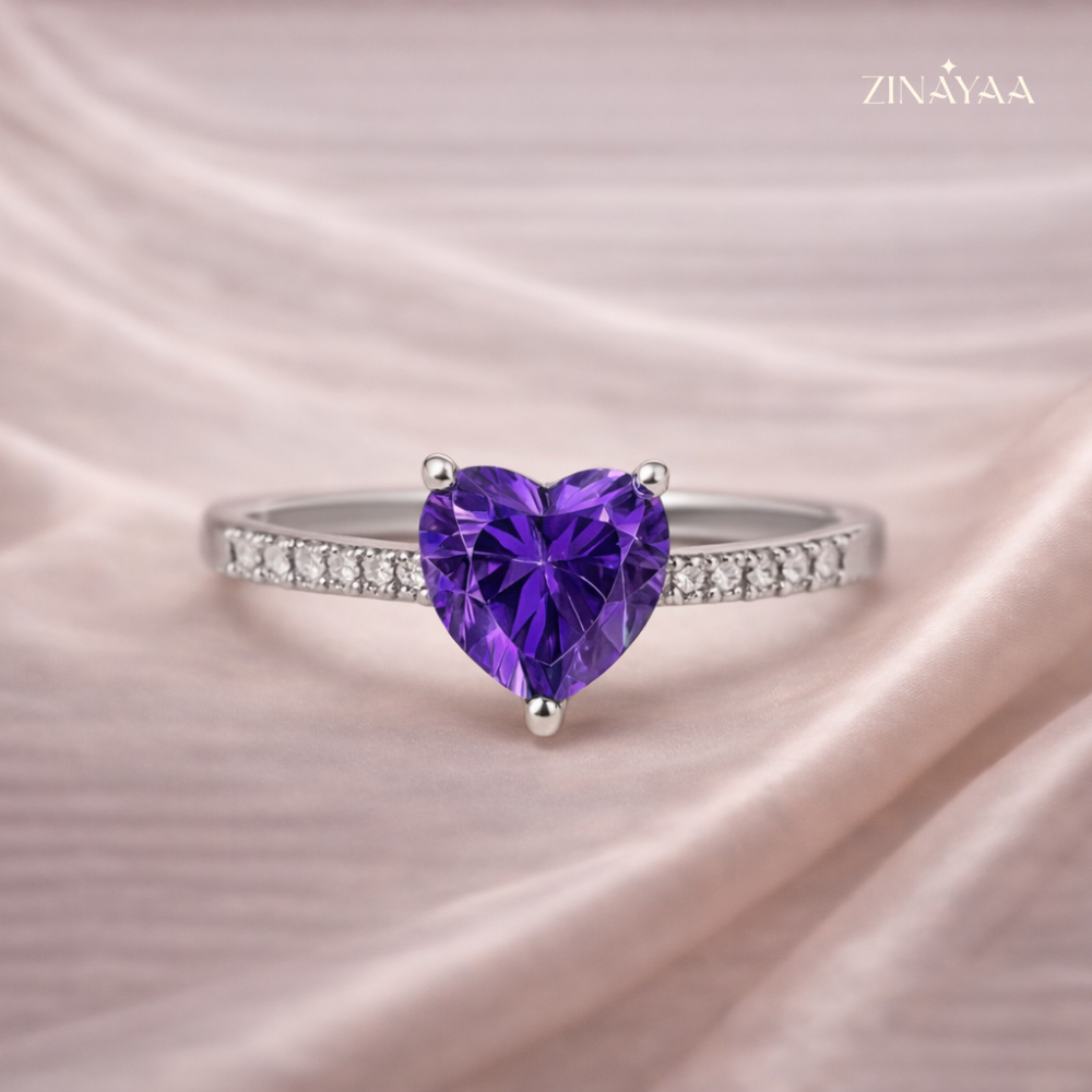 925 Sterling Silver Purple Heart Sparkle Adjustable Ring