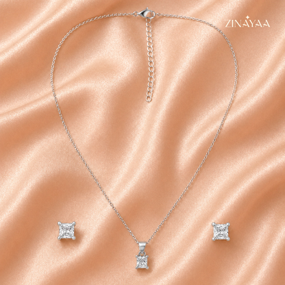 925 Sterling Silver Princess Cut Pendant & Stud Earrings Set