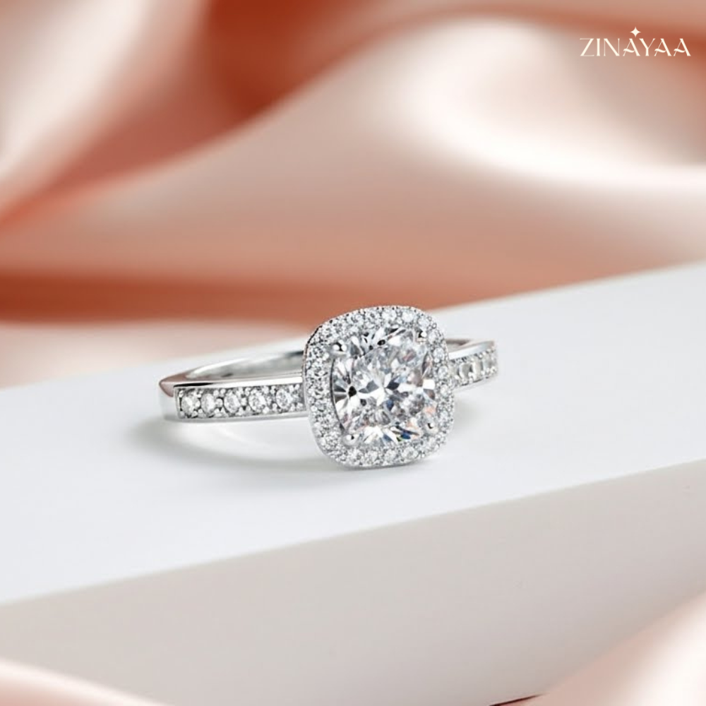 92.5 Sterling Silver Cushion Halo Solitaire Ring For Women