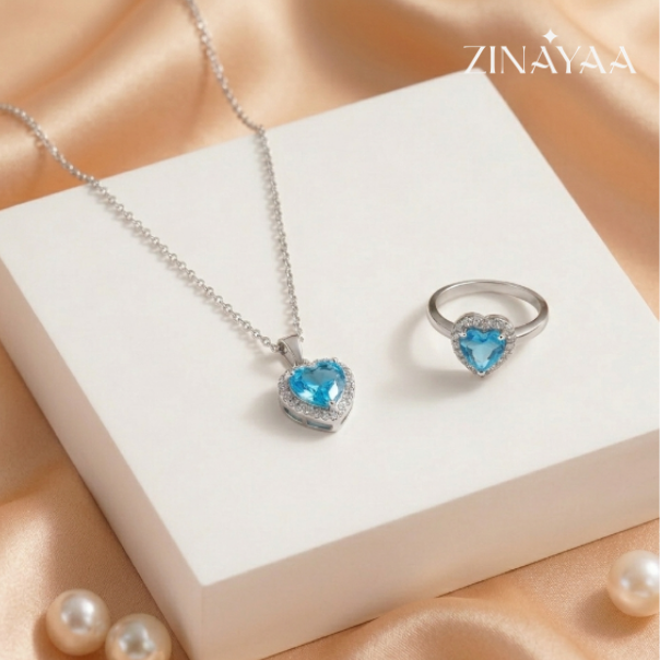 925 Sterling Silver Blue Heart Halo Jewellery Set – Pendant Necklace & Adjustable Ring