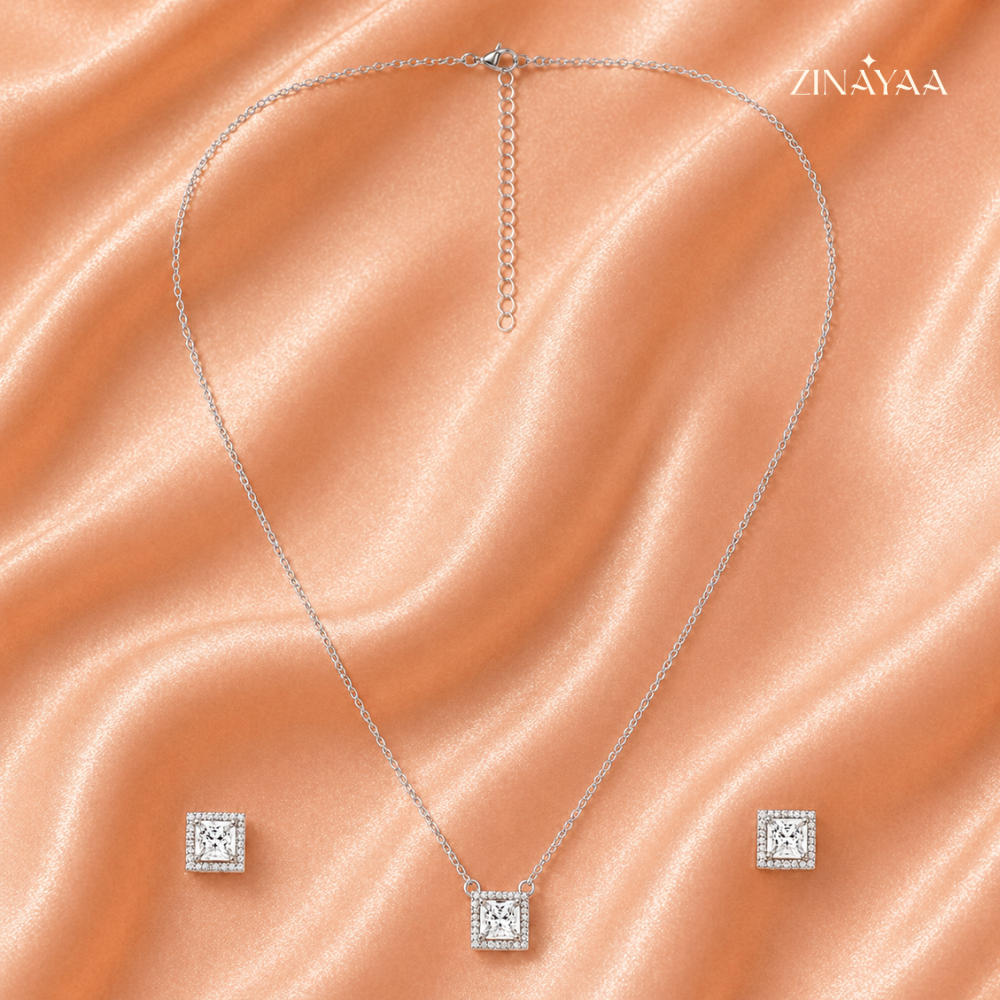 925 Sterling Silver Princess Halo Necklace & Earrings Set