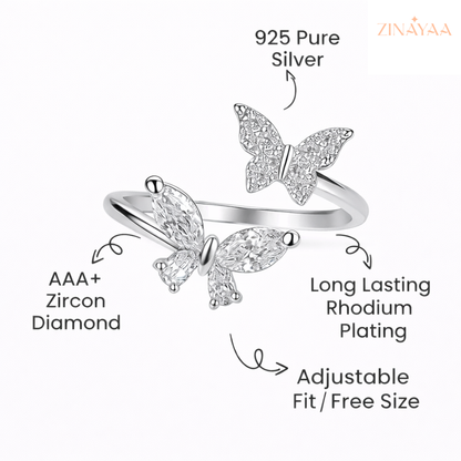 925 Sterling Silver Double Butterfly Adjustable Ring for Women