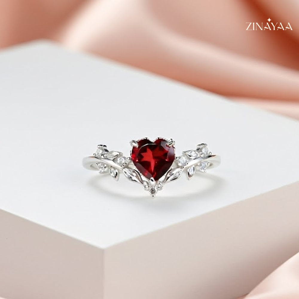 92.5 Sterling Silver Crimson Blossom Heart Women’s Adjustable Ring
