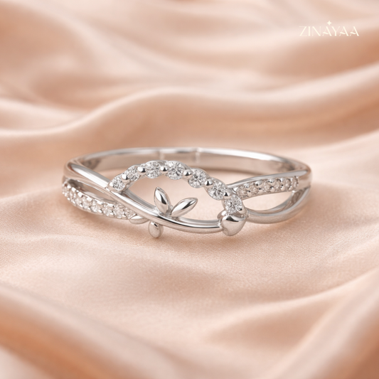 925 Sterling Silver Leaf & Heart Adjustable Ring