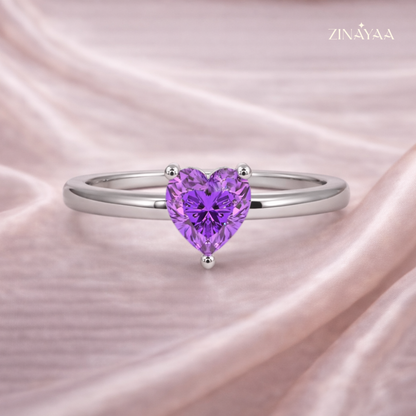 925 Sterling Silver Purple Heart Solitaire Adjustable Ring