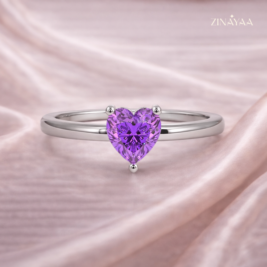 925 Sterling Silver Purple Heart Solitaire Adjustable Ring