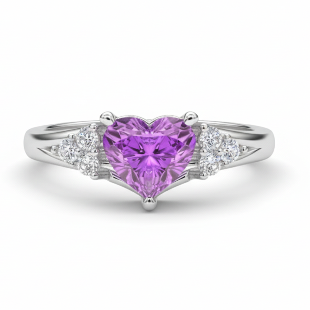 92.5 Sterling Silver Heart-Cut Purple Stone Ring for Women