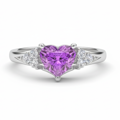 92.5 Sterling Silver Heart-Cut Purple Stone Ring for Women