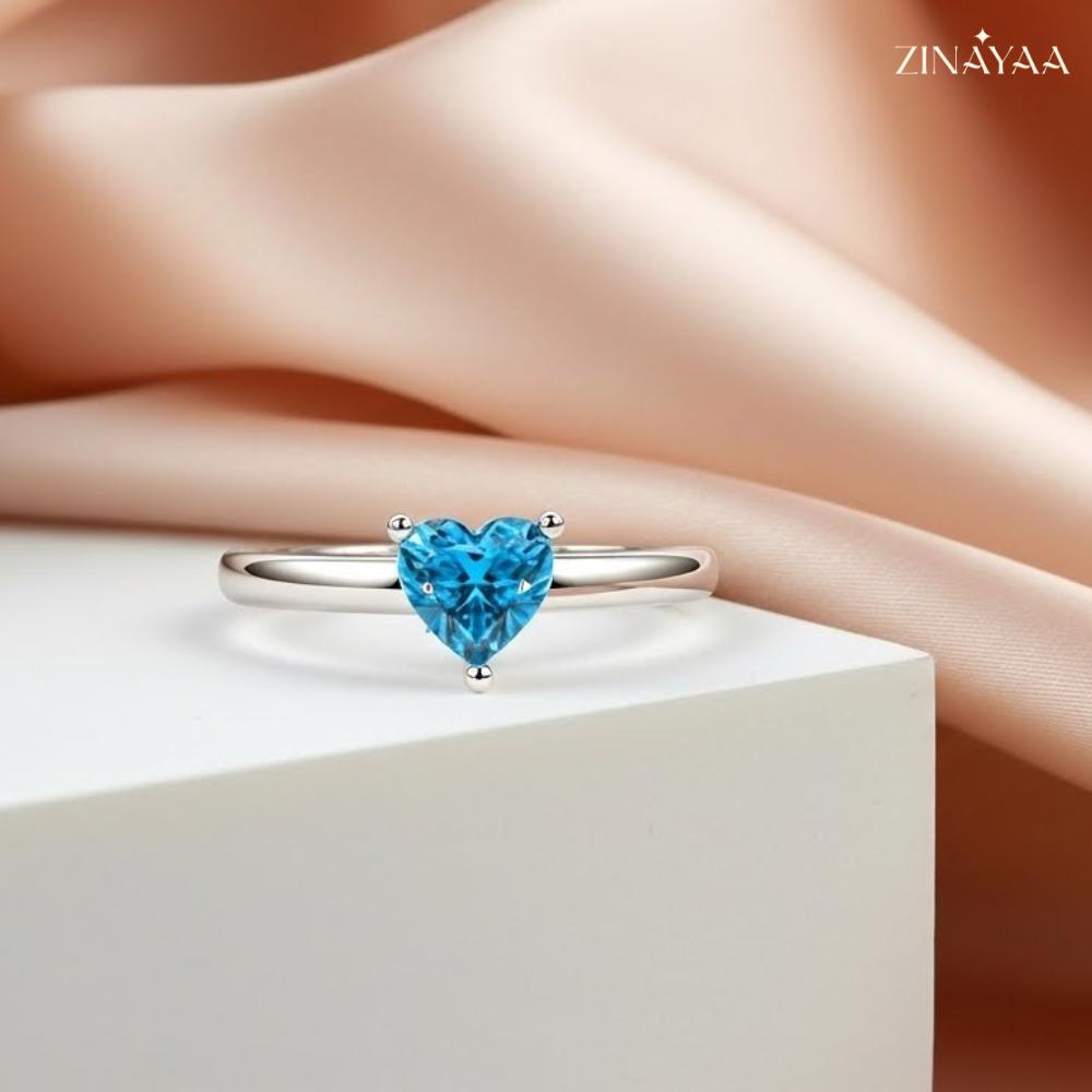 92.5 Sterling Silver Heart-Cut Blue Solitaire Ring For women