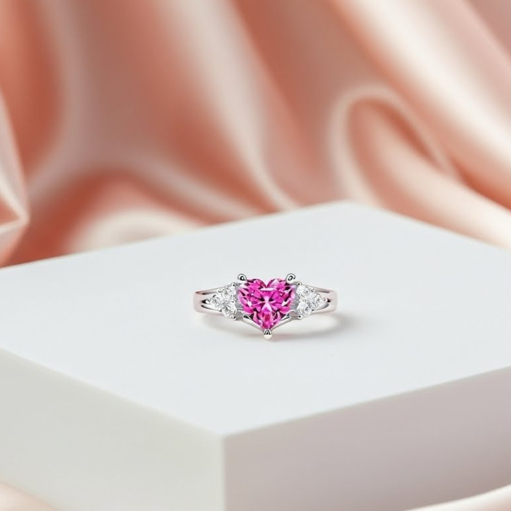 92.5 Sterling Silver Adjustable Three-Stone Pink Heart Ring