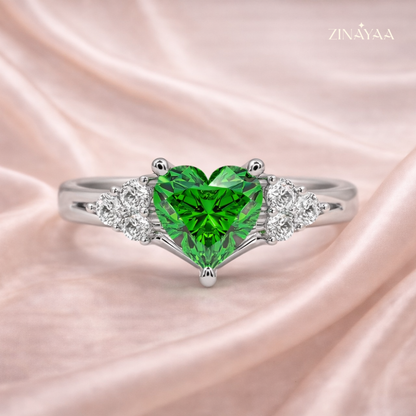 925 Sterling Silver Emerald Heart Halo Adjustable Ring