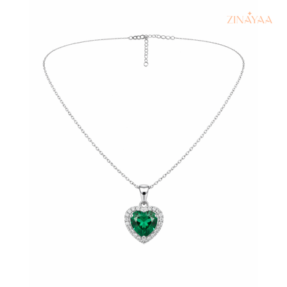 925 Sterling Silver Emerald Heart Halo Adjustable Pendant Necklace