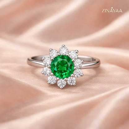 925 Sterling Silver Green Floral Halo Adjustable Ring