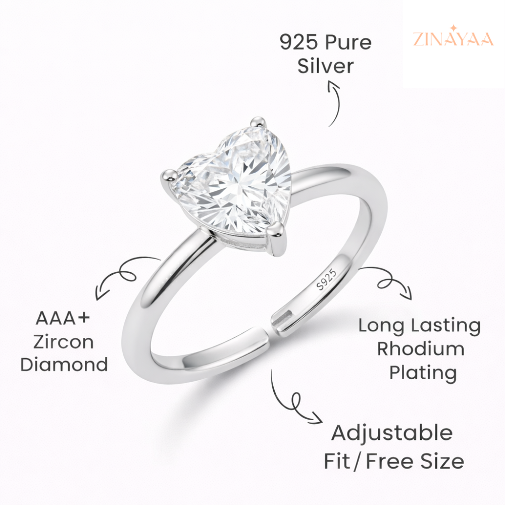 92.5 Sterling Silver Adjustable Heart Solitaire Ring