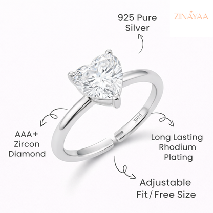 92.5 Sterling Silver Adjustable Heart Solitaire Ring