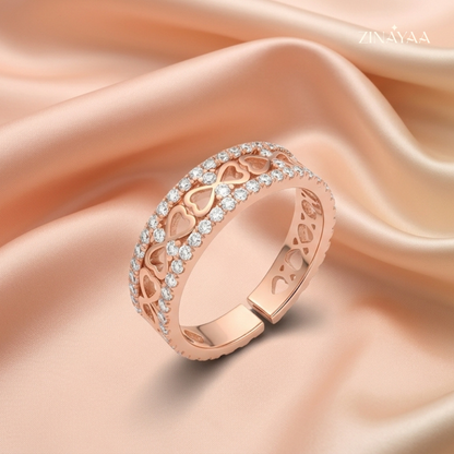 925 Sterling Silver Rose Gold Heart Band Adjustable Ring