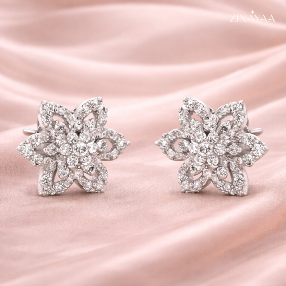 925 Sterling Silver Floral Sparkle Stud Earrings