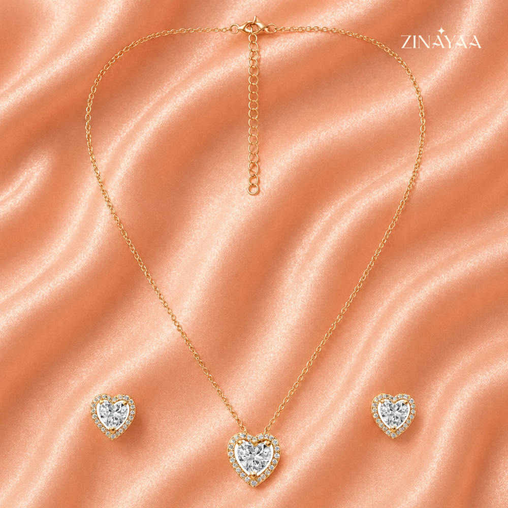 925 Sterling Silver Golden Heart Spark Necklace Set