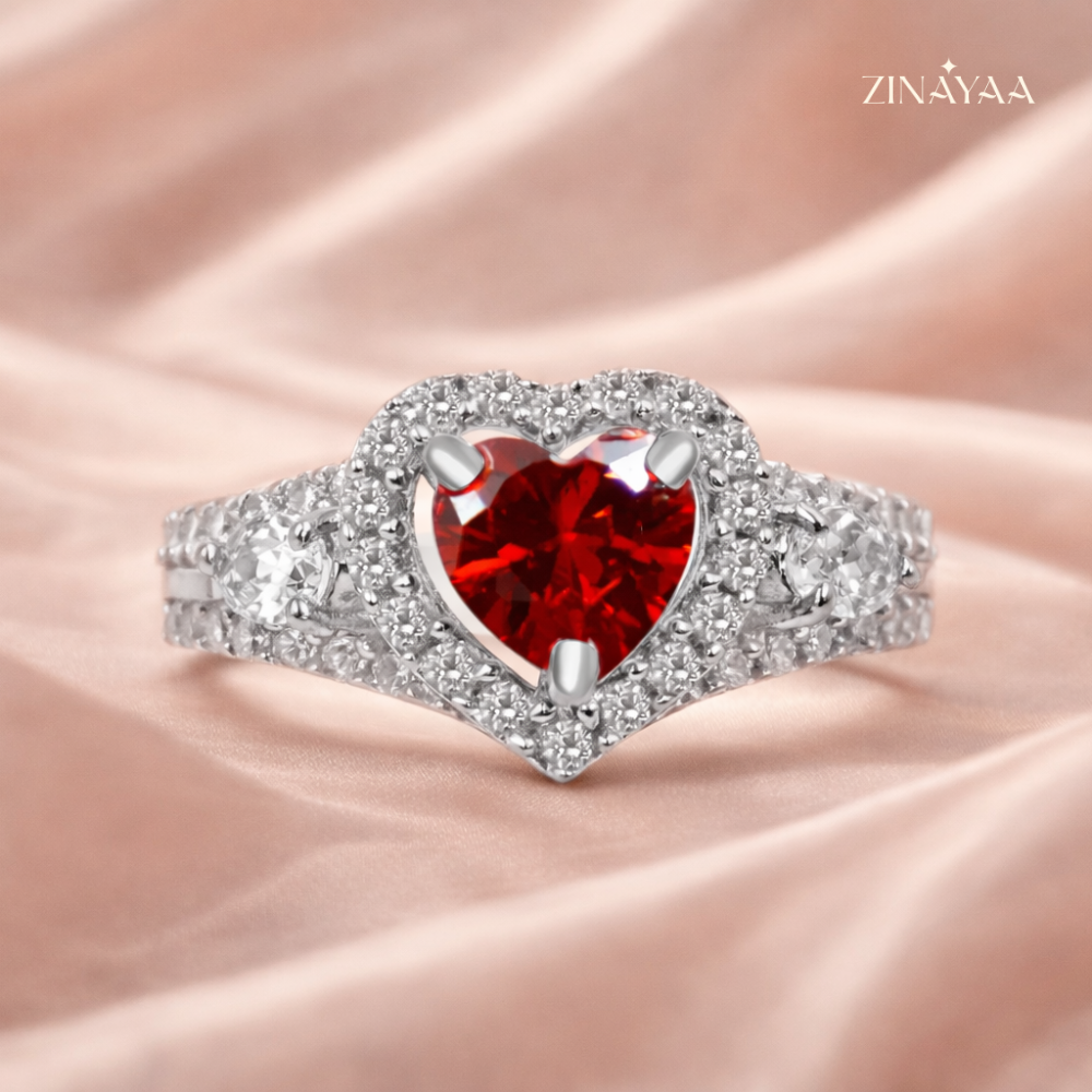 925 Sterling Silver Red Heart Halo Adjustable Ring