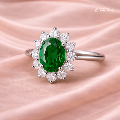 925 Sterling Silver Emerald Halo Adjustable Ring