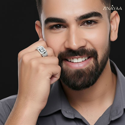 92.5 Sterling Silve Mens Regal Square Halo Adjustable Ring