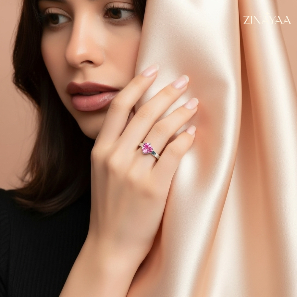 92.5 Sterling Silver Blush Heart Solitaire Adjustable Ring