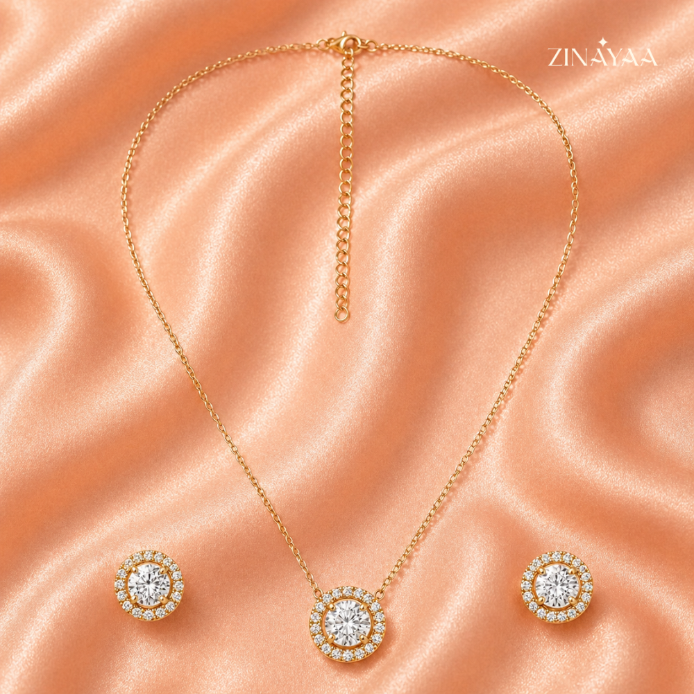 925 Sterling Silver Halo Sparkle Necklace & Stud Earrings Set