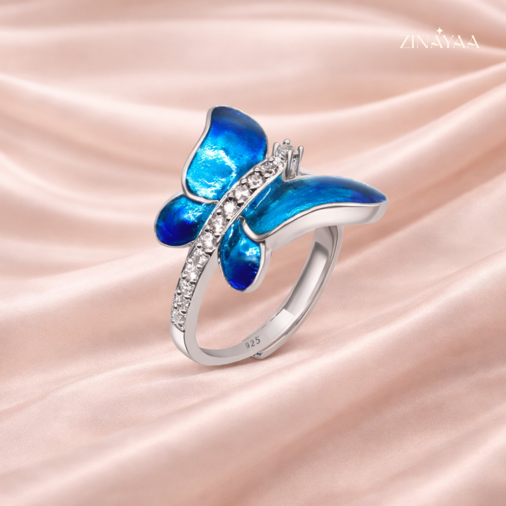 925 Sterling Silver Blue Butterfly Statement AdjustableRing