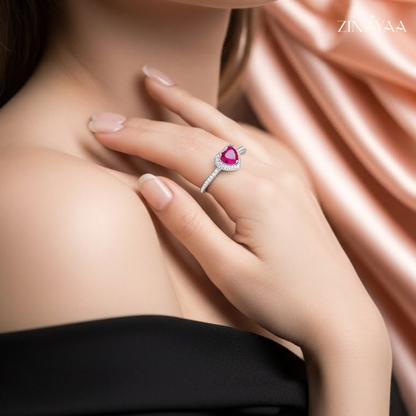 92.5 Sterling Silver Heart Halo Pink Stone Ring For Women