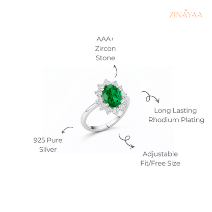 925 Sterling Silver Emerald Halo Adjustable Ring