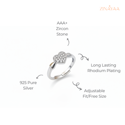 925 Sterling Silver Sparkling Heart Adjustable Ring