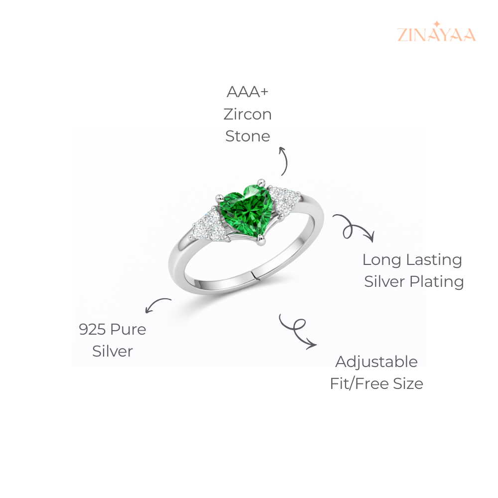 925 Sterling Silver Emerald Heart Halo Adjustable Ring