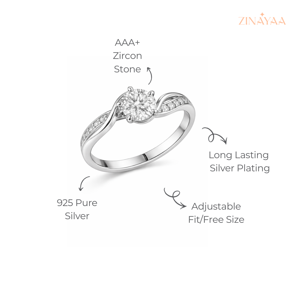 925 Sterling Silver Wave Solitaire Adjustable Ring